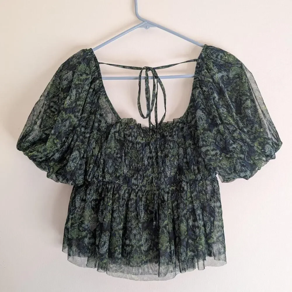Free People Green Abstract Floral Mesh Puff Sleeve Smocked Babydoll Top S